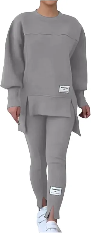 Womens Pant Sets 2 Piece Outfits Track Suit Sweatsuit Long Sleeve High-Low Slit Hem Top Sweatshirt Leggings Jogger Set