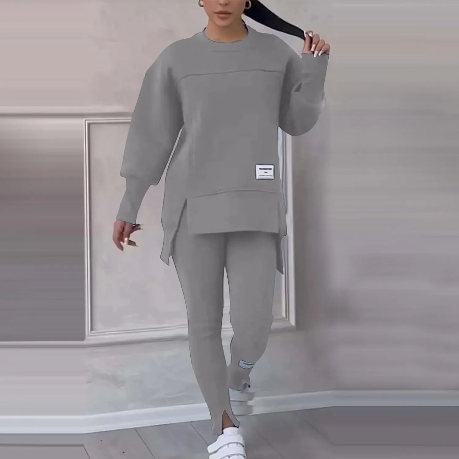 Womens Pant Sets 2 Piece Outfits Track Suit Sweatsuit Long Sleeve High-Low Slit Hem Top Sweatshirt Leggings Jogger Set