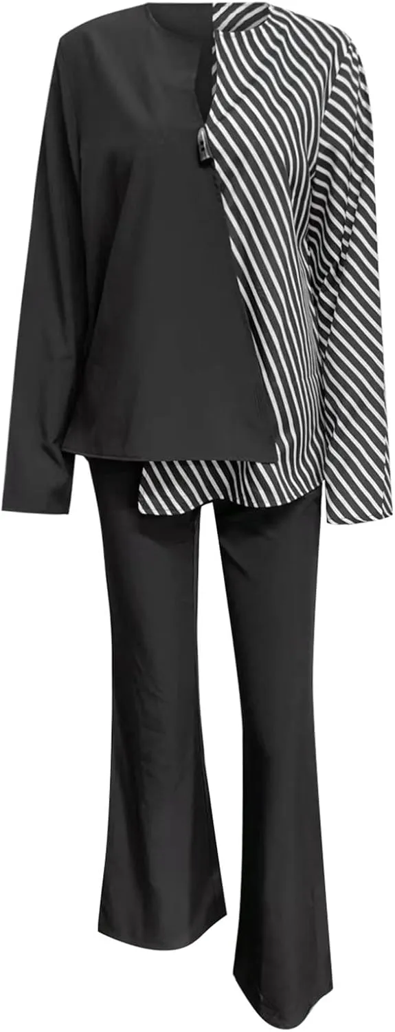 Womens Pant Suits Dressy Long Sleeve V Neck Colorblock Blouse Wide Leg Pants 2 Piece Set Fashion Business Work Outfit