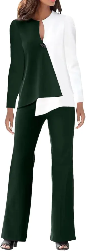 Womens Pant Suits Dressy Long Sleeve V Neck Colorblock Blouse Wide Leg Pants 2 Piece Set Fashion Business Work Outfit