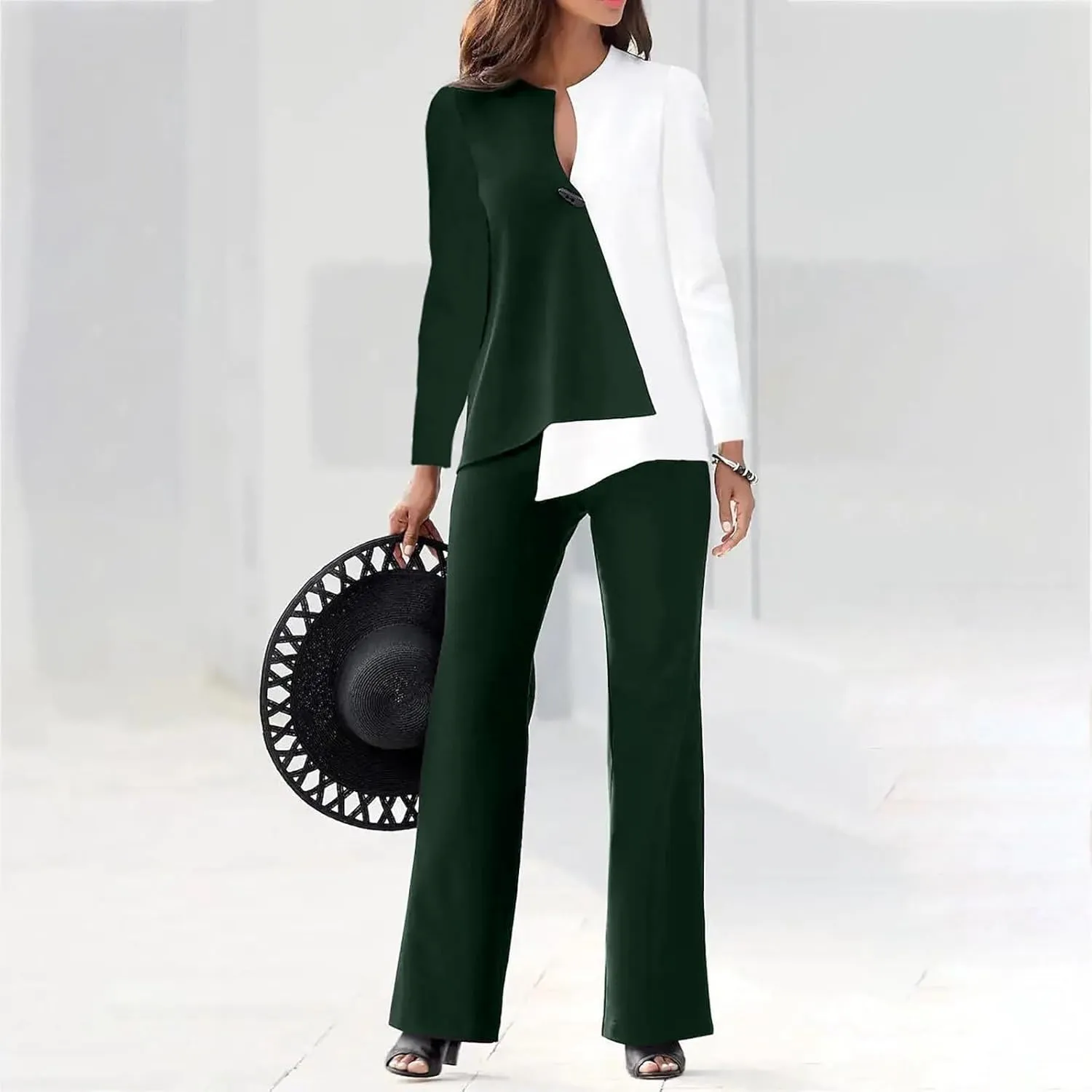 Womens Pant Suits Dressy Long Sleeve V Neck Colorblock Blouse Wide Leg Pants 2 Piece Set Fashion Business Work Outfit