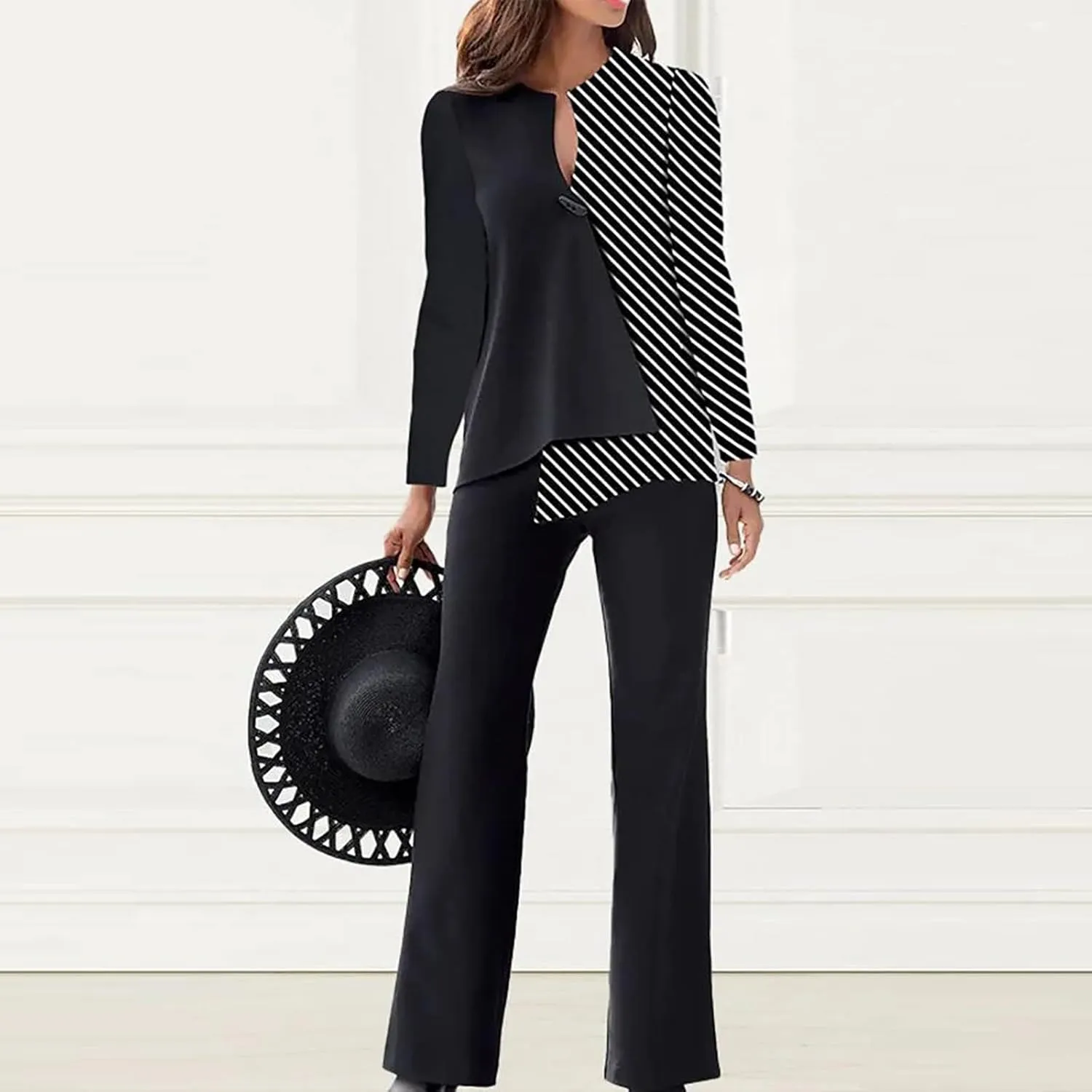 Womens Pant Suits Dressy Long Sleeve V Neck Colorblock Blouse Wide Leg Pants 2 Piece Set Fashion Business Work Outfit