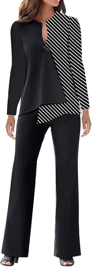 Womens Pant Suits Dressy Long Sleeve V Neck Colorblock Blouse Wide Leg Pants 2 Piece Set Fashion Business Work Outfit