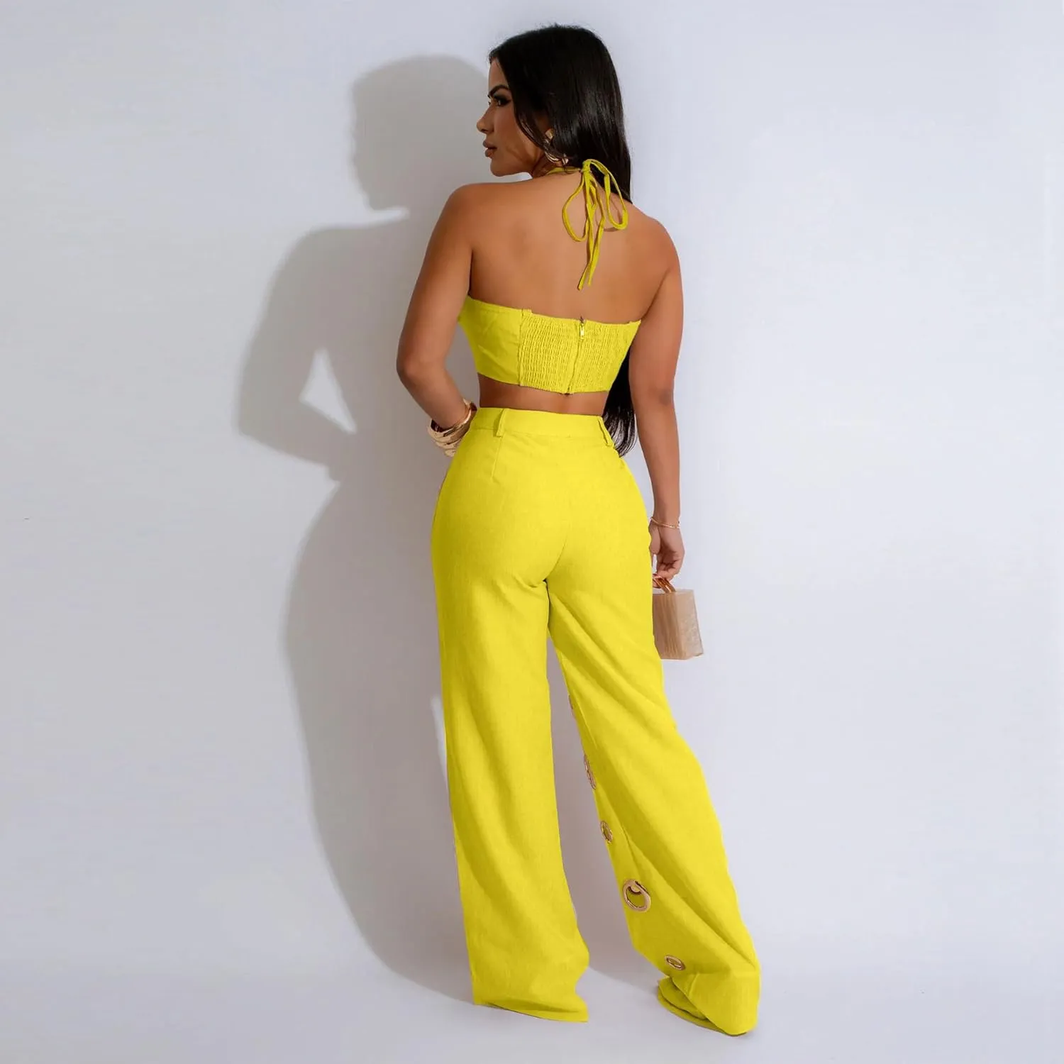 Womens Sexy Hollow Out 2 Piece Outfit Crop Tops Pants Sets Bodycon Jumpsuits Outfits
