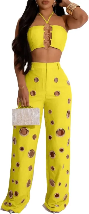 Womens Sexy Hollow Out 2 Piece Outfit Crop Tops Pants Sets Bodycon Jumpsuits Outfits