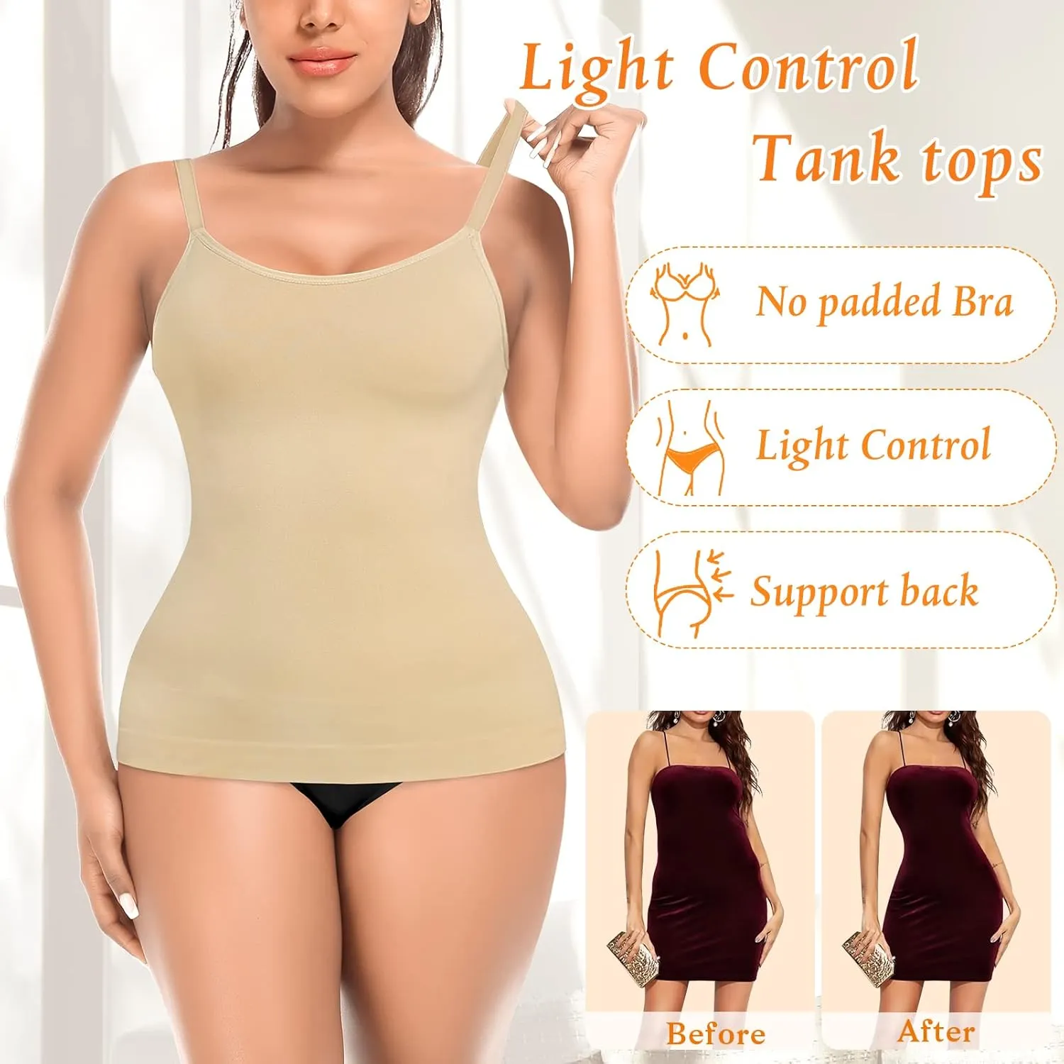Womens Shapewear Tank Tops with Built in Bra Tummy Control Cami Shaper Compression Shaping Tops