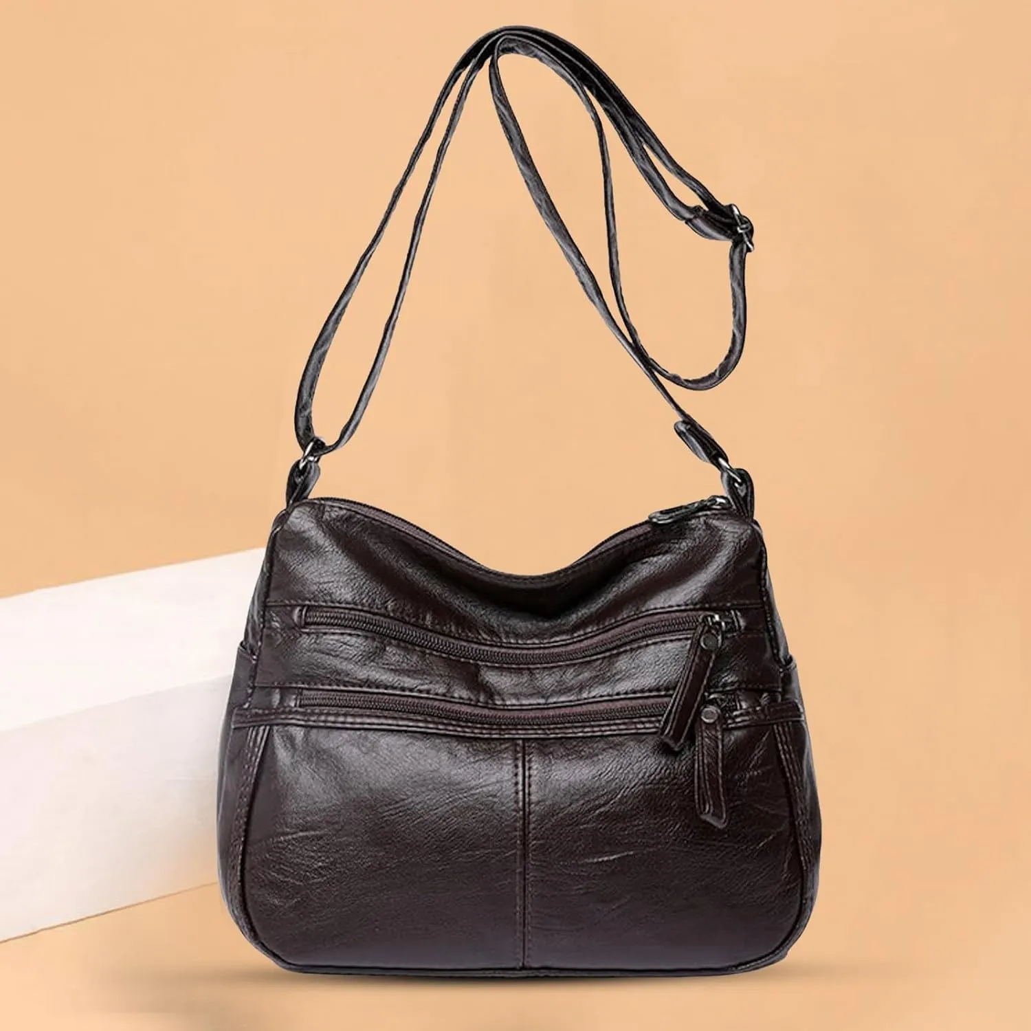 Womens Shoulder Handbag Fashion Casual Women's Retro Soft Leather Zipper Double Pocket Shoulder Messenger Bag