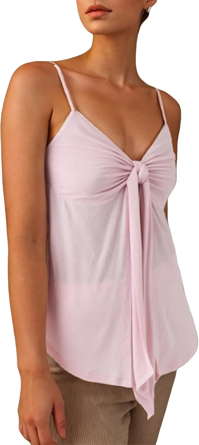 Women's Spaghetti Strap Tie Front Split Cami Tops Sleeveless Knot Camisole Slim Fit Shirts