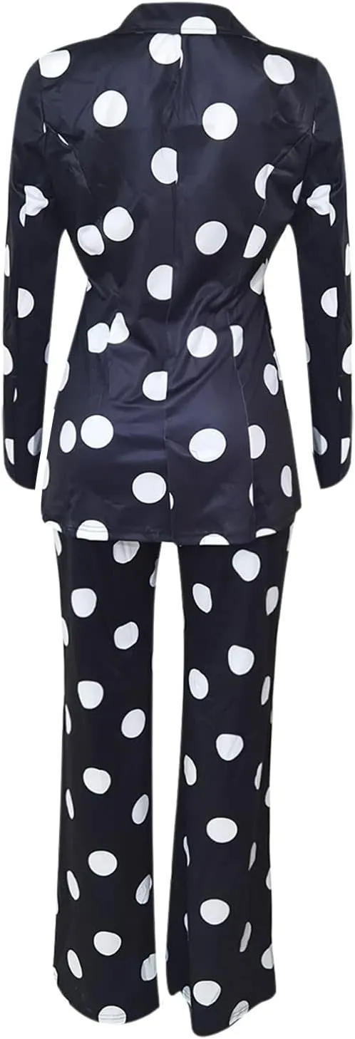 Women's Suiting 2 Piece Polka Dot Blazers Business Casual V-Neck Long Sleeve Blazer Jacket and Wide Leg Pants Set