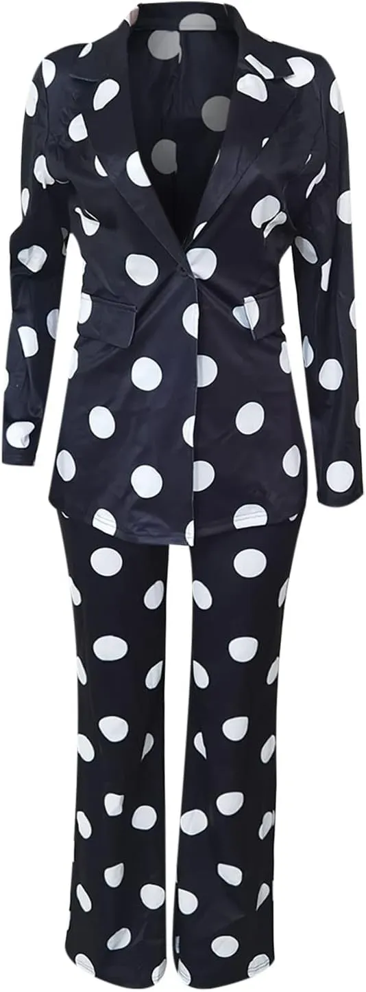 Women's Suiting 2 Piece Polka Dot Blazers Business Casual V-Neck Long Sleeve Blazer Jacket and Wide Leg Pants Set
