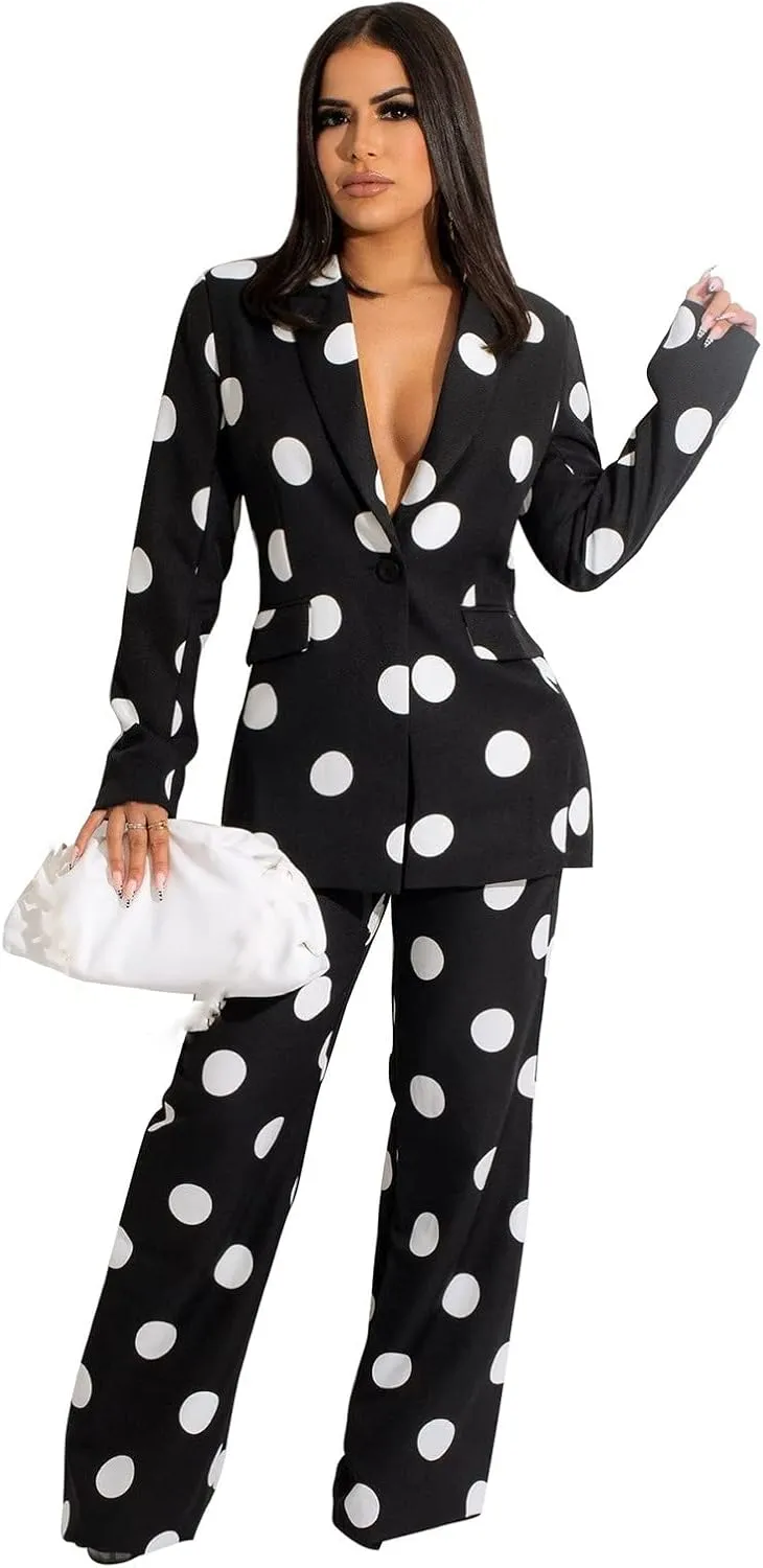 Women's Suiting 2 Piece Polka Dot Blazers Business Casual V-Neck Long Sleeve Blazer Jacket and Wide Leg Pants Set