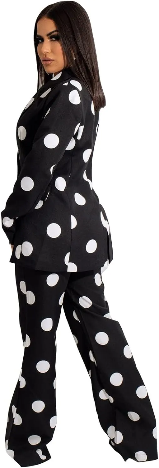 Women's Suiting 2 Piece Polka Dot Blazers Business Casual V-Neck Long Sleeve Blazer Jacket and Wide Leg Pants Set