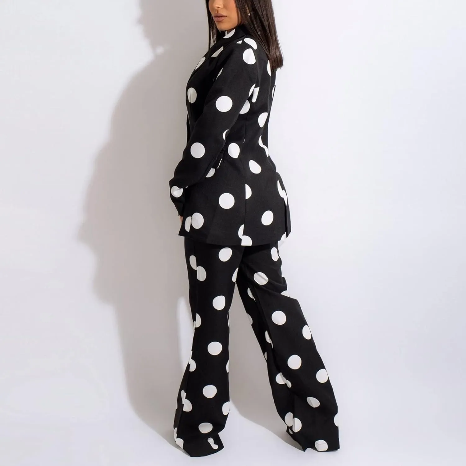 Women's Suiting 2 Piece Polka Dot Blazers Business Casual V-Neck Long Sleeve Blazer Jacket and Wide Leg Pants Set