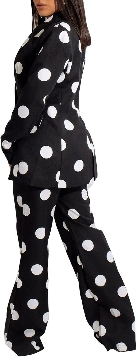 Women's Suiting 2 Piece Polka Dot Blazers Business Casual V-Neck Long Sleeve Blazer Jacket and Wide Leg Pants Set