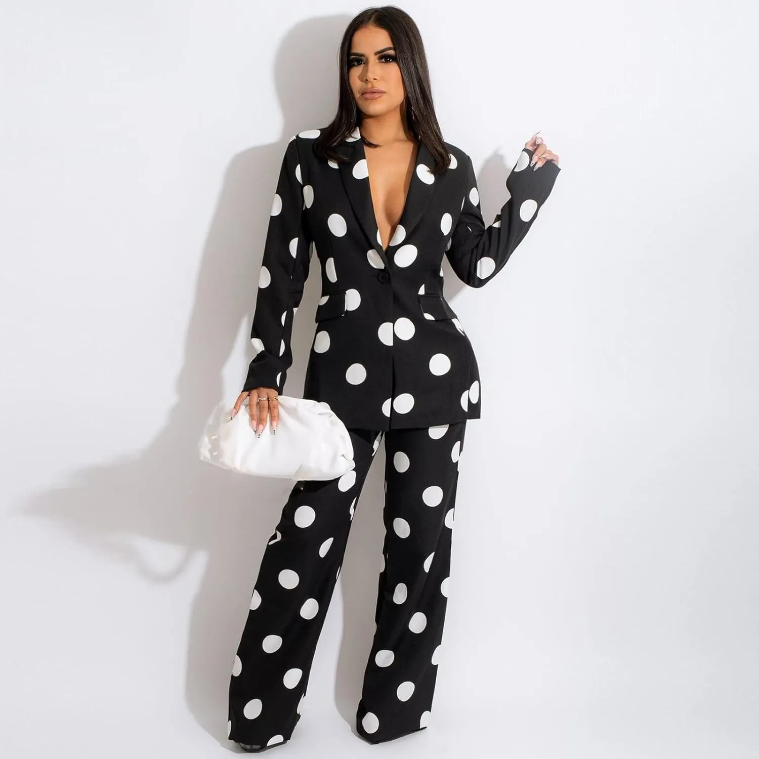 Women's Suiting 2 Piece Polka Dot Blazers Business Casual V-Neck Long Sleeve Blazer Jacket and Wide Leg Pants Set
