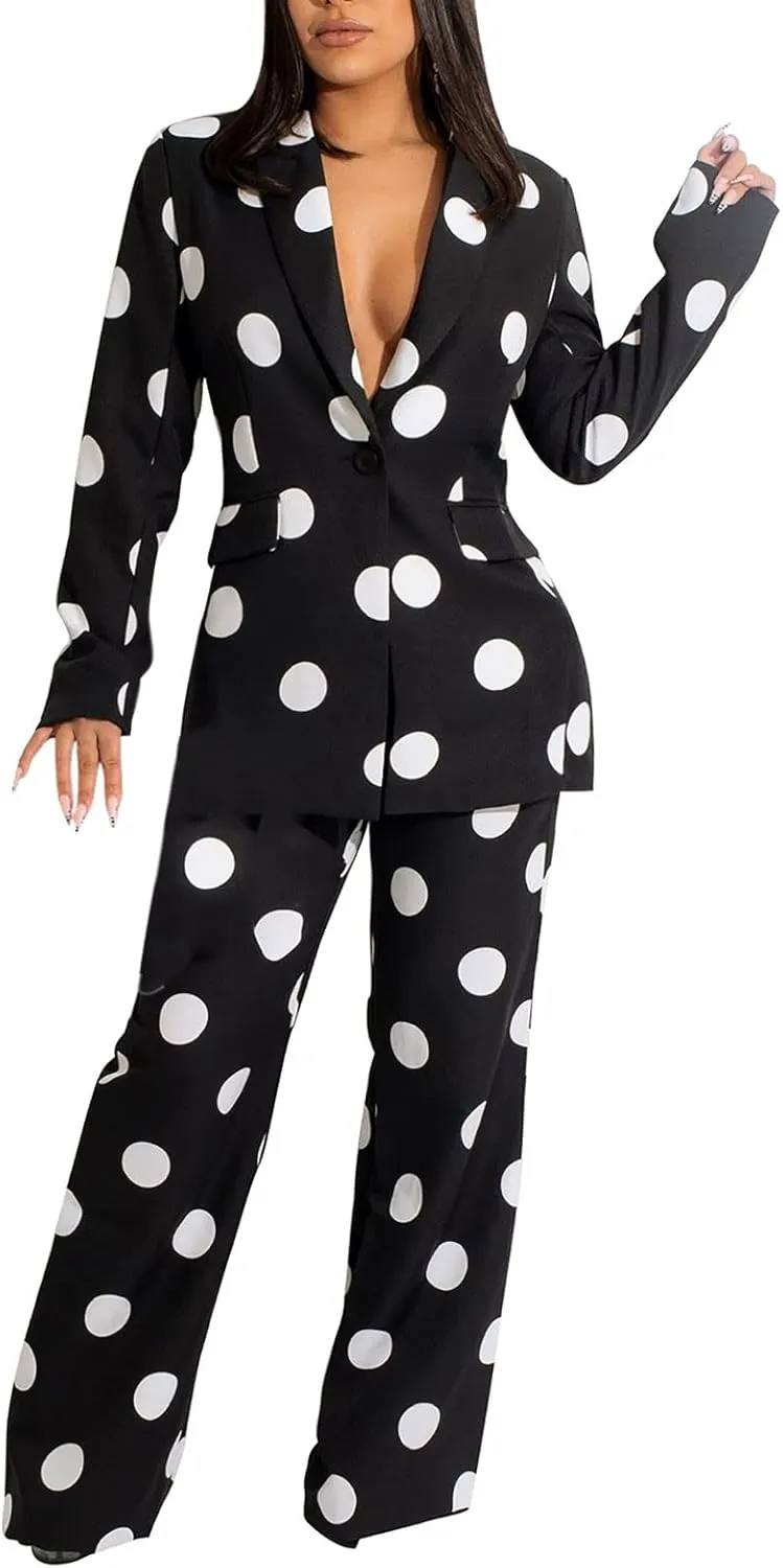 Women's Suiting 2 Piece Polka Dot Blazers Business Casual V-Neck Long Sleeve Blazer Jacket and Wide Leg Pants Set