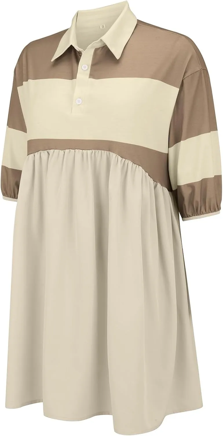 Womens Summer Babydoll Dresses Oversized Casual Short Sleeve Color Block Collared V Neck Flowy Shirt Mini Dress Plus