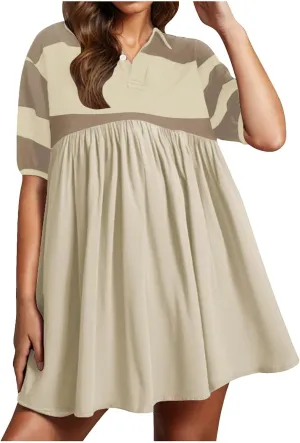 Womens Summer Babydoll Dresses Oversized Casual Short Sleeve Color Block Collared V Neck Flowy Shirt Mini Dress Plus