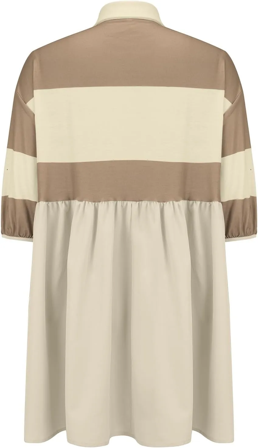 Womens Summer Babydoll Dresses Oversized Casual Short Sleeve Color Block Collared V Neck Flowy Shirt Mini Dress Plus
