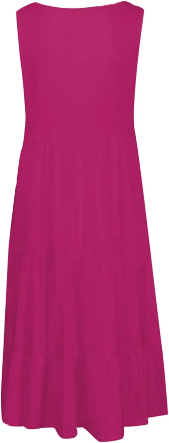 Women's Summer Sun Dresses Tiered Ruffle Sundress Scoop Neck Sleeveless Tank Dress Sexy Casual Flowy Beach