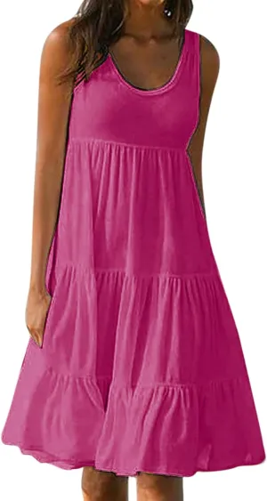 Women's Summer Sun Dresses Tiered Ruffle Sundress Scoop Neck Sleeveless Tank Dress Sexy Casual Flowy Beach