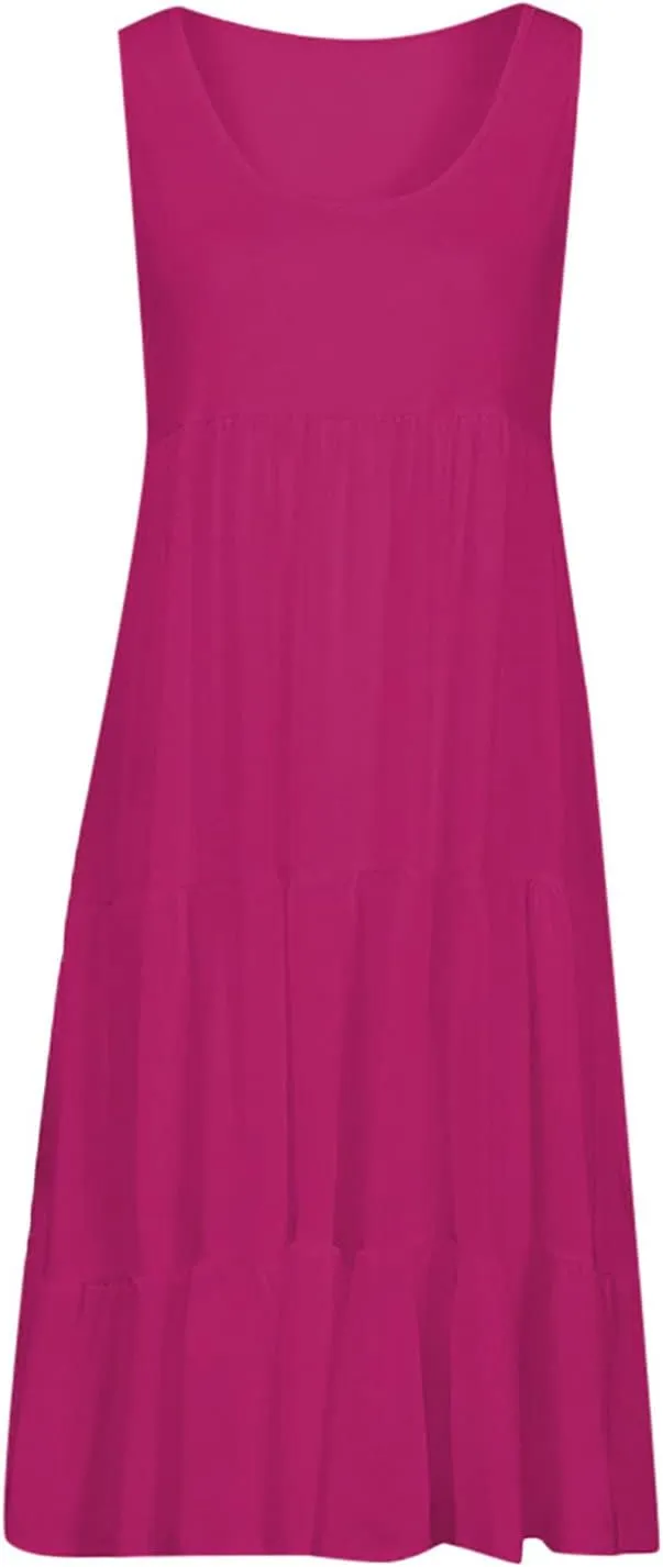Women's Summer Sun Dresses Tiered Ruffle Sundress Scoop Neck Sleeveless Tank Dress Sexy Casual Flowy Beach