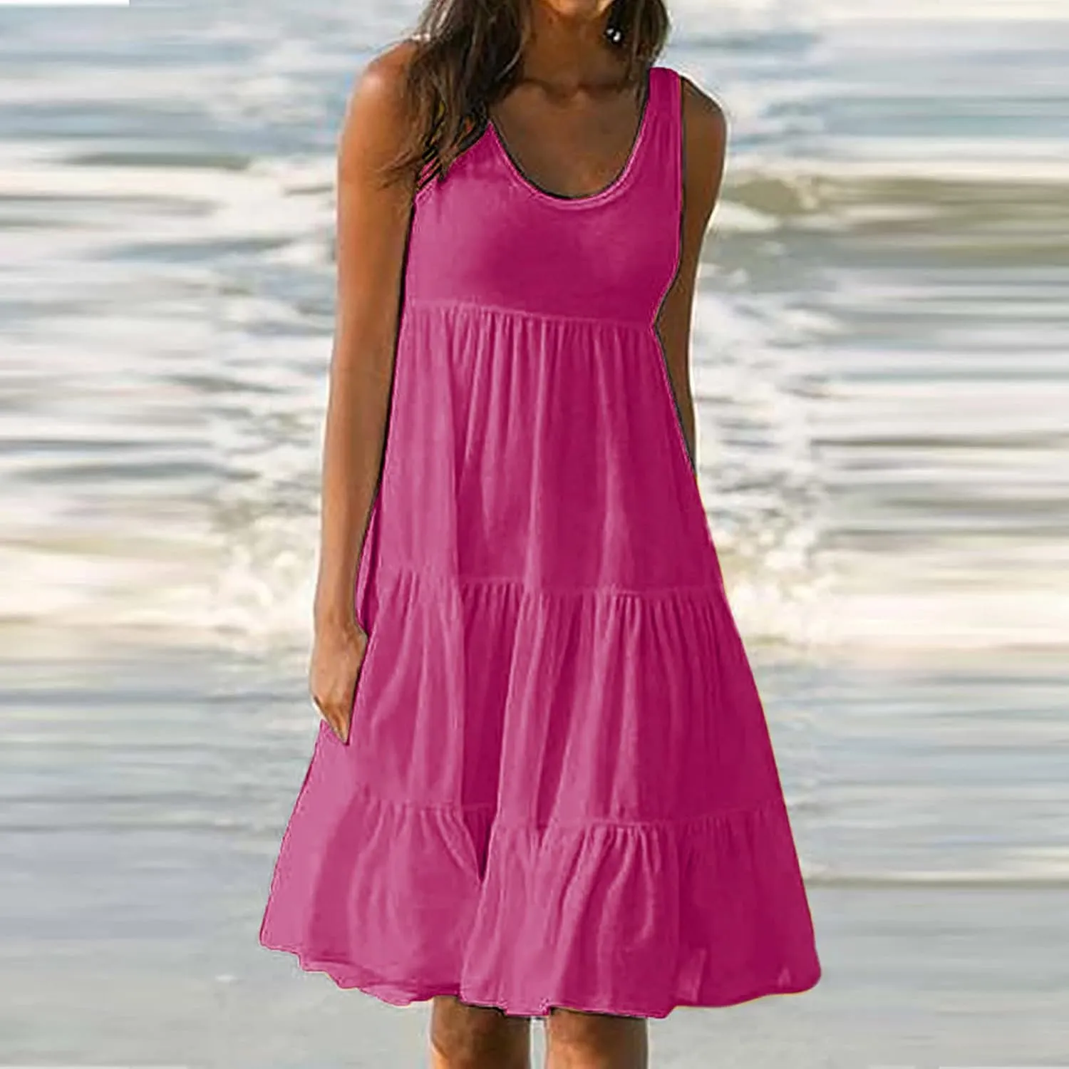 Women's Summer Sun Dresses Tiered Ruffle Sundress Scoop Neck Sleeveless Tank Dress Sexy Casual Flowy Beach
