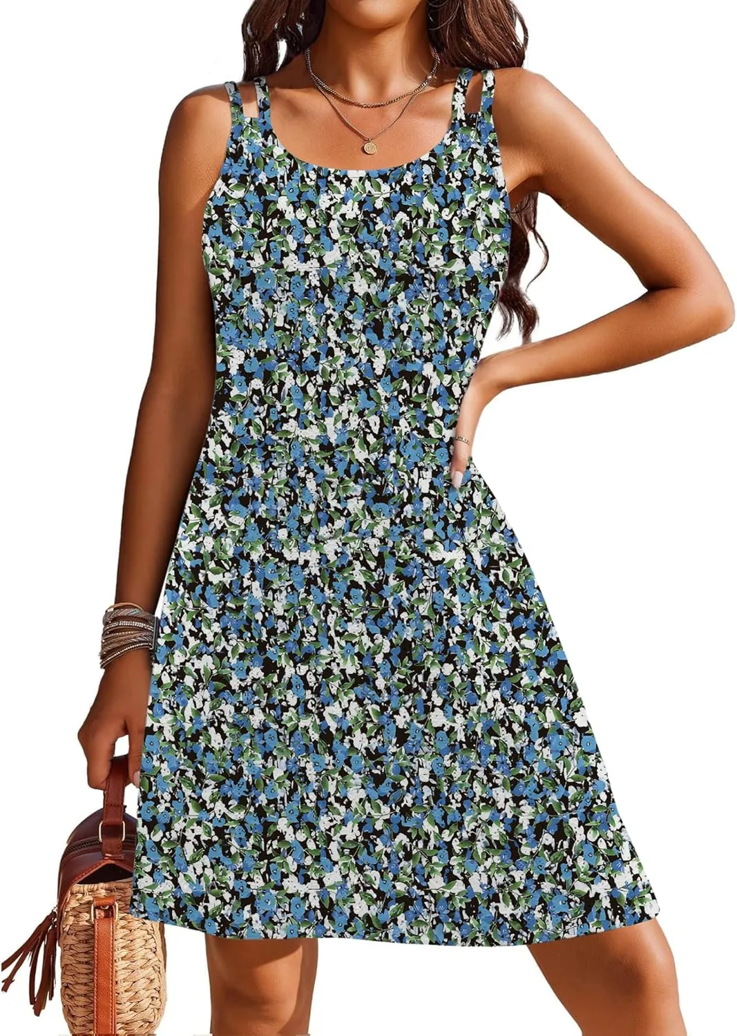 Womens Swimsuit Cover Up Spaghetti Strap Eyelet Embroidery Scoop Neck Sleeveless Casual Summer Dress Bikini Coverup