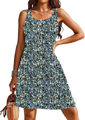 Womens Swimsuit Cover Up Spaghetti Strap Eyelet Embroidery Scoop Neck Sleeveless Casual Summer Dress Bikini Coverup