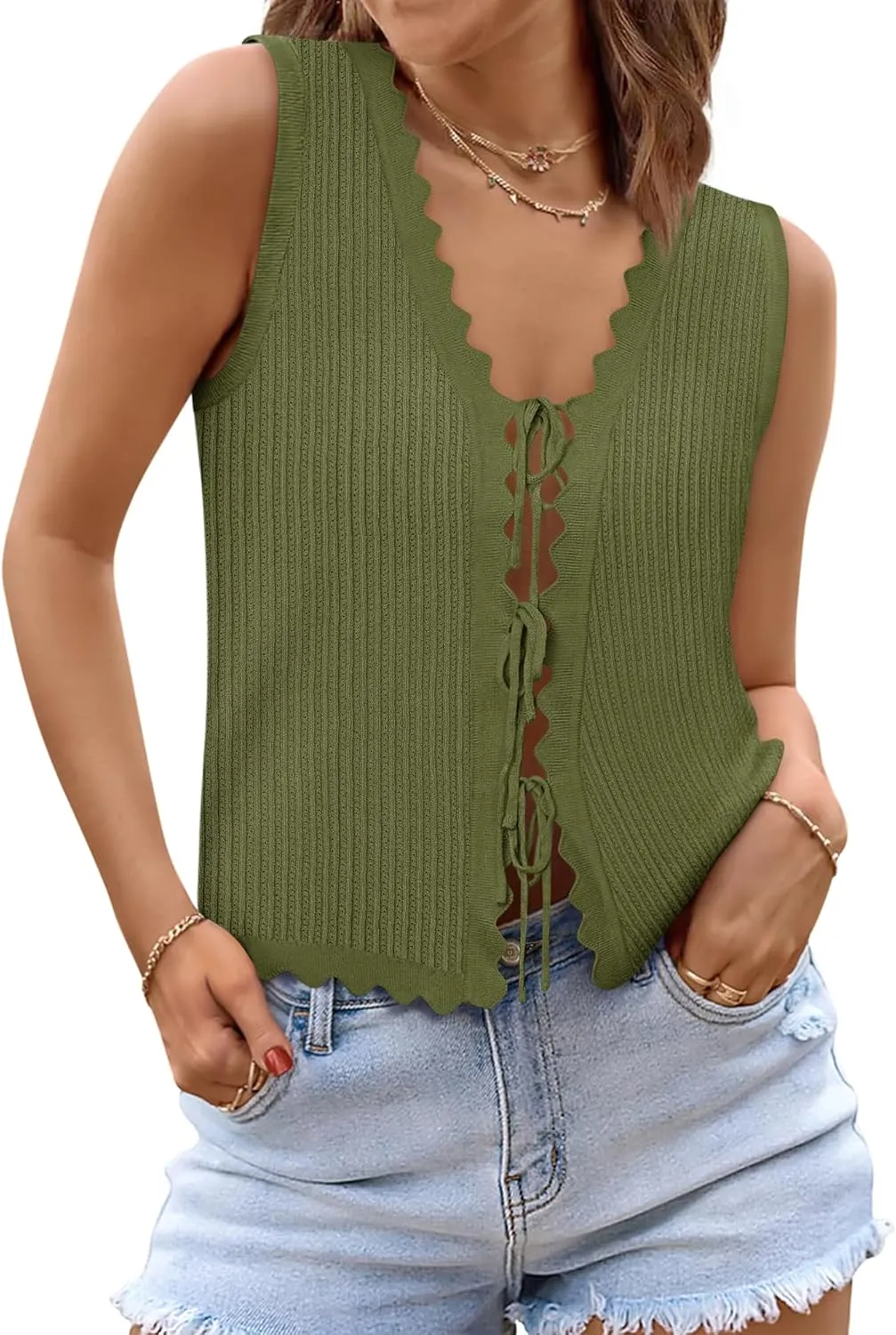 Womens Tie Front Tops Trendy 2025 Summer V Neck Sleeveless Sweater Vests Fashion Cute Crochet Knit Tops