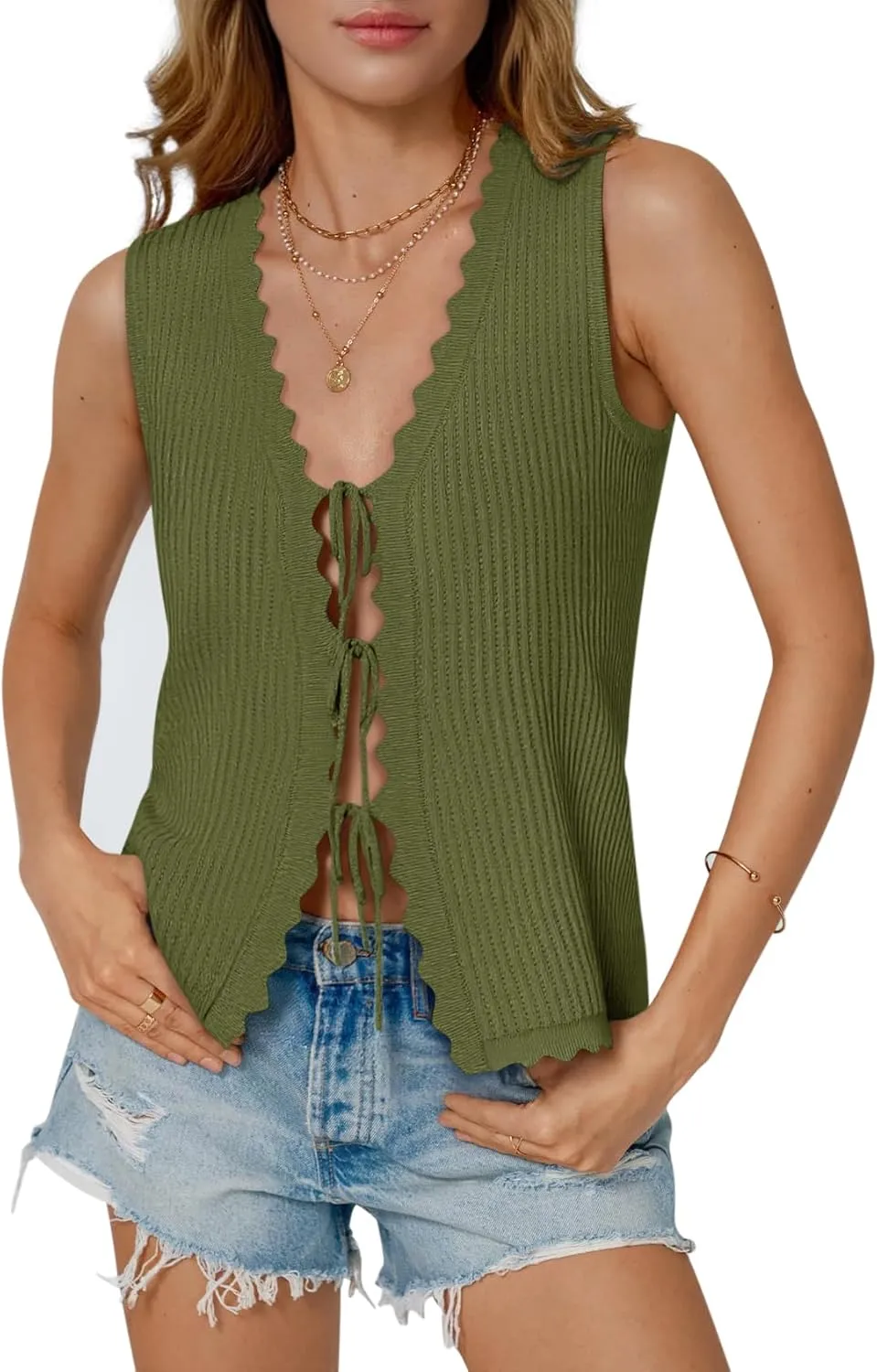 Womens Tie Front Tops Trendy 2025 Summer V Neck Sleeveless Sweater Vests Fashion Cute Crochet Knit Tops
