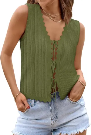 Womens Tie Front Tops Trendy 2025 Summer V Neck Sleeveless Sweater Vests Fashion Cute Crochet Knit Tops