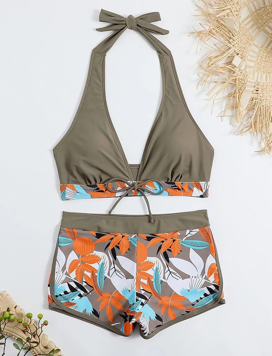 Women's Two Piece Halter Swimsuit V Neck Push Up Bikini Set Swimwear with Boyshorts Swimwear for Swimming Pool