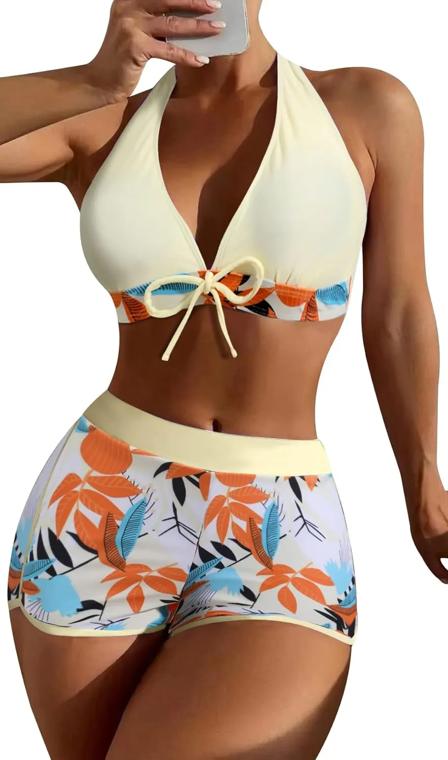Women's Two Piece Halter Swimsuit V Neck Push Up Bikini Set Swimwear with Boyshorts Swimwear for Swimming Pool