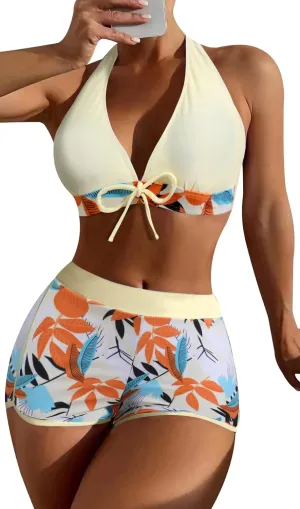 Women's Two Piece Halter Swimsuit V Neck Push Up Bikini Set Swimwear with Boyshorts Swimwear for Swimming Pool