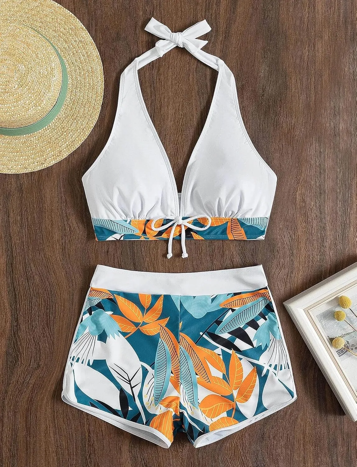 Women's Two Piece Halter Swimsuit V Neck Push Up Bikini Set Swimwear with Boyshorts Swimwear for Swimming Pool