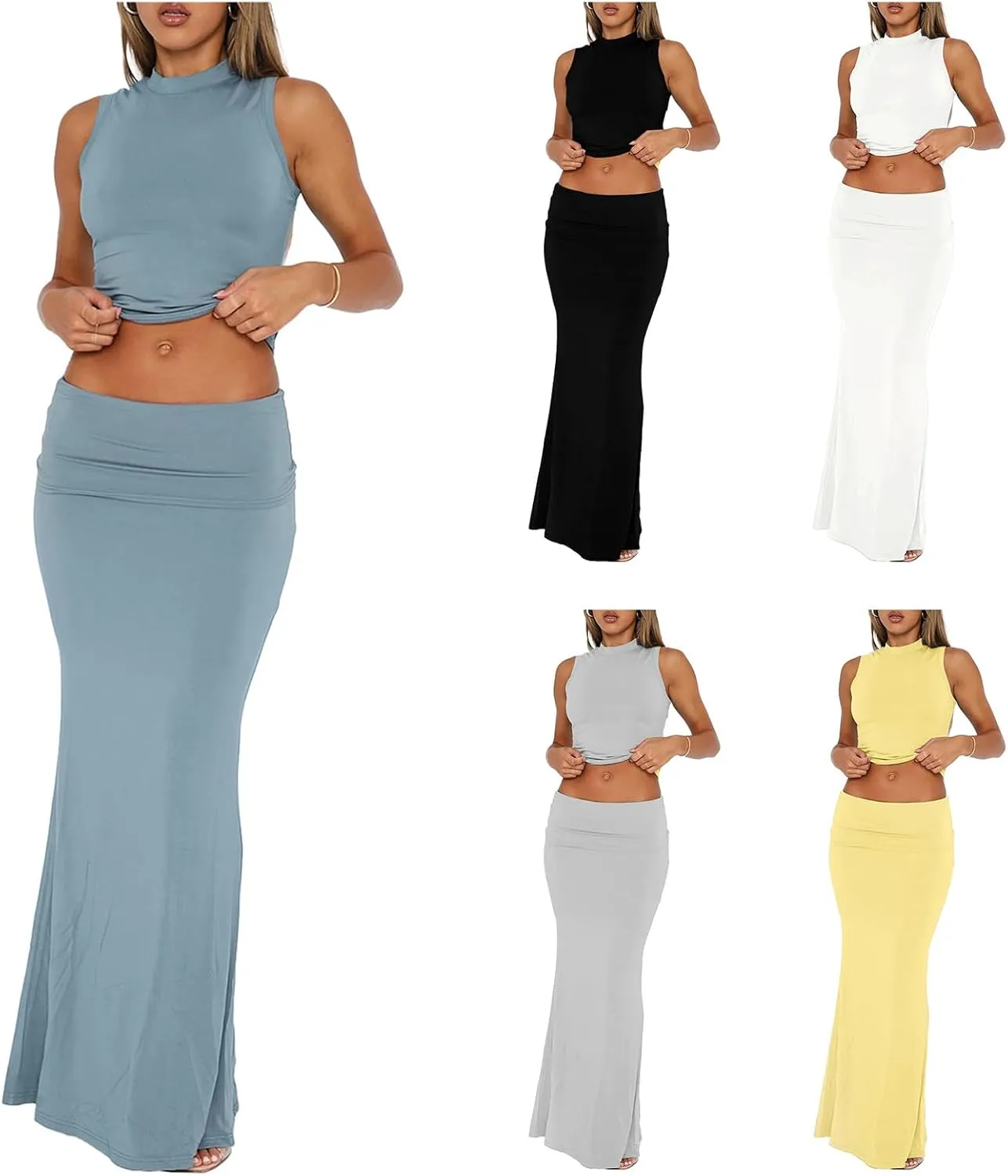 Womens Two Piece Outfits Summer 2025 Mock Neck Sleeveless Tank Tops Maxi Skirt Set Going Out Dress Long Skirts Outfit