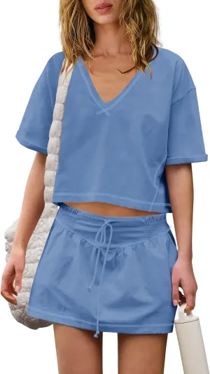 Yanekop Skort Sets Women 2 Piece Outfits Two Piece Skirt Set Workout Set Crop Tops and Mini Skirt with Shorts