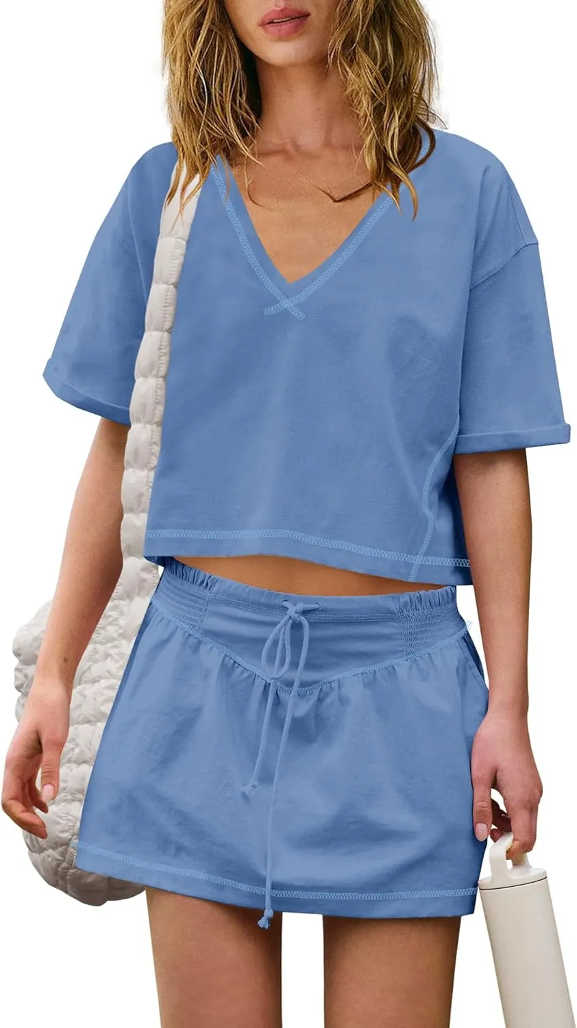 Yanekop Skort Sets Women 2 Piece Outfits Two Piece Skirt Set Workout Set Crop Tops and Mini Skirt with Shorts