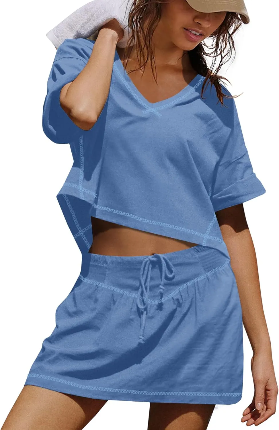 Yanekop Skort Sets Women 2 Piece Outfits Two Piece Skirt Set Workout Set Crop Tops and Mini Skirt with Shorts