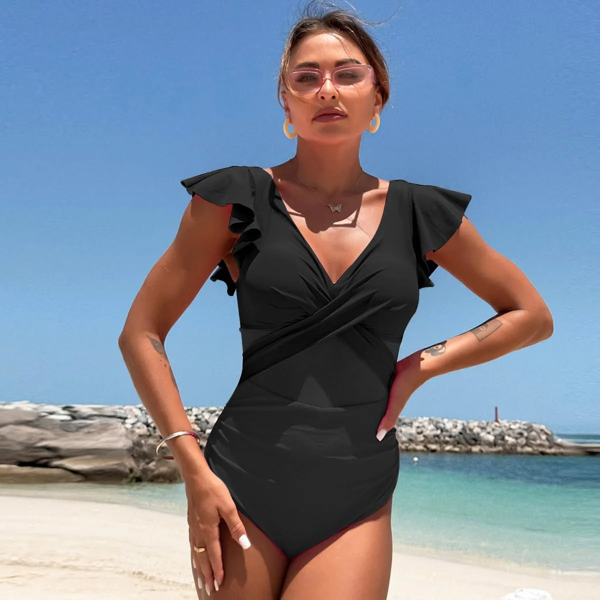 YaShaer Women's One Piece Swimsuit Bathing Suit Retro Ruffled V Neck Bathing Suits Tummy Control Swimwear