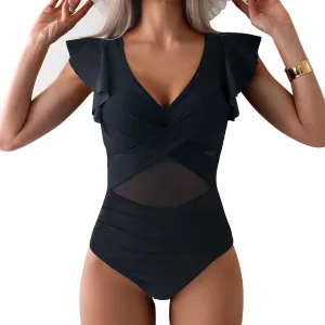 YaShaer Women's One Piece Swimsuit Bathing Suit Retro Ruffled V Neck Bathing Suits Tummy Control Swimwear