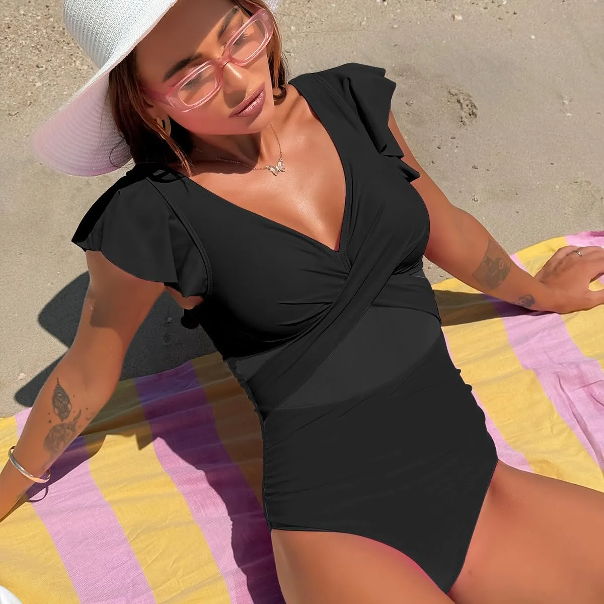 YaShaer Women's One Piece Swimsuit Bathing Suit Retro Ruffled V Neck Bathing Suits Tummy Control Swimwear