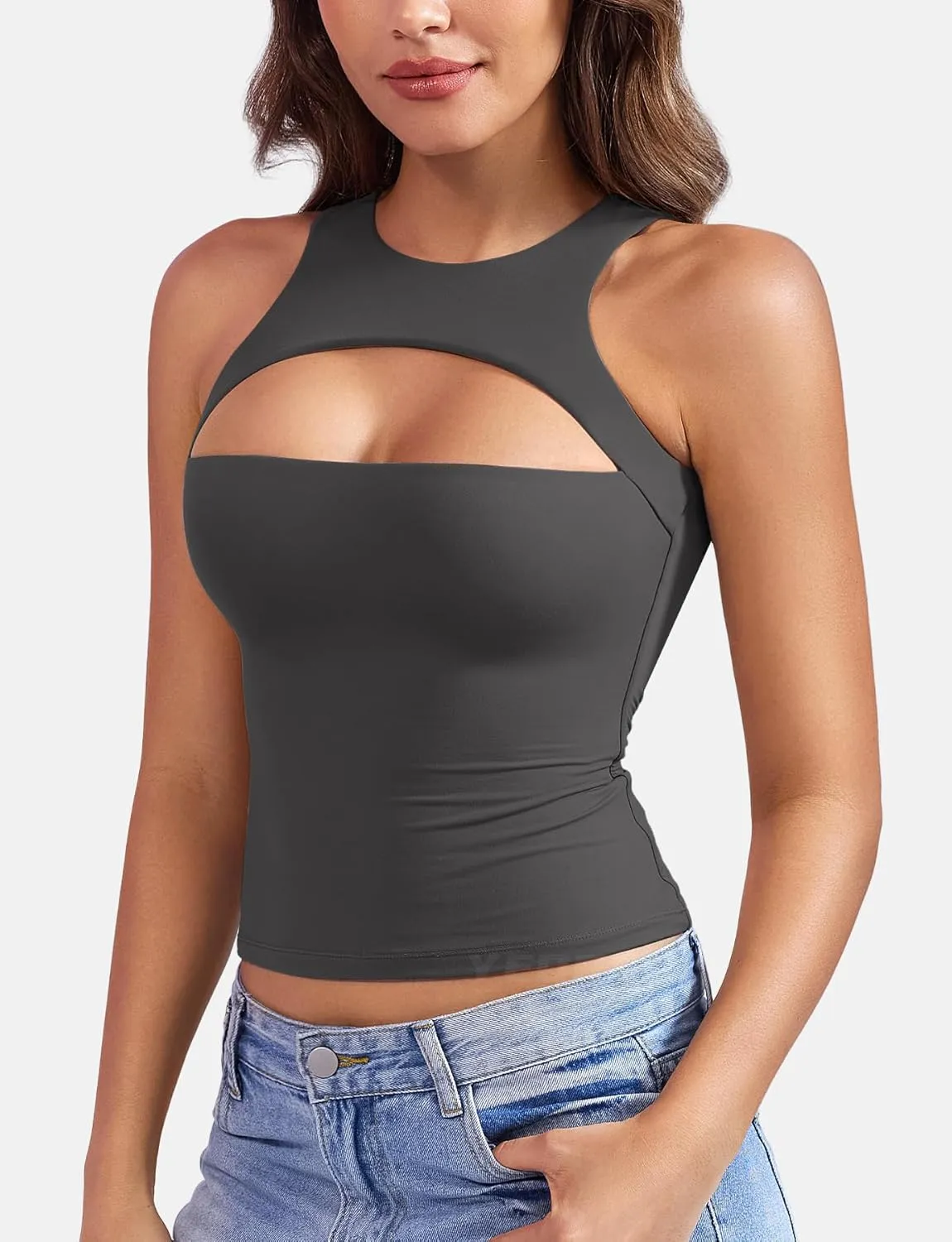 YEOREO Double Lined Tank Tops for Women High Neck Basic Y2K Going Out Tops Breynne Open Back Workout Yoga Crop Top