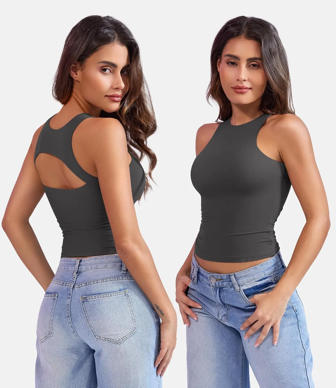 YEOREO Double Lined Tank Tops for Women High Neck Basic Y2K Going Out Tops Breynne Open Back Workout Yoga Crop Top