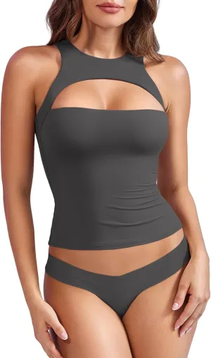YEOREO Double Lined Tank Tops for Women High Neck Basic Y2K Going Out Tops Breynne Open Back Workout Yoga Crop Top