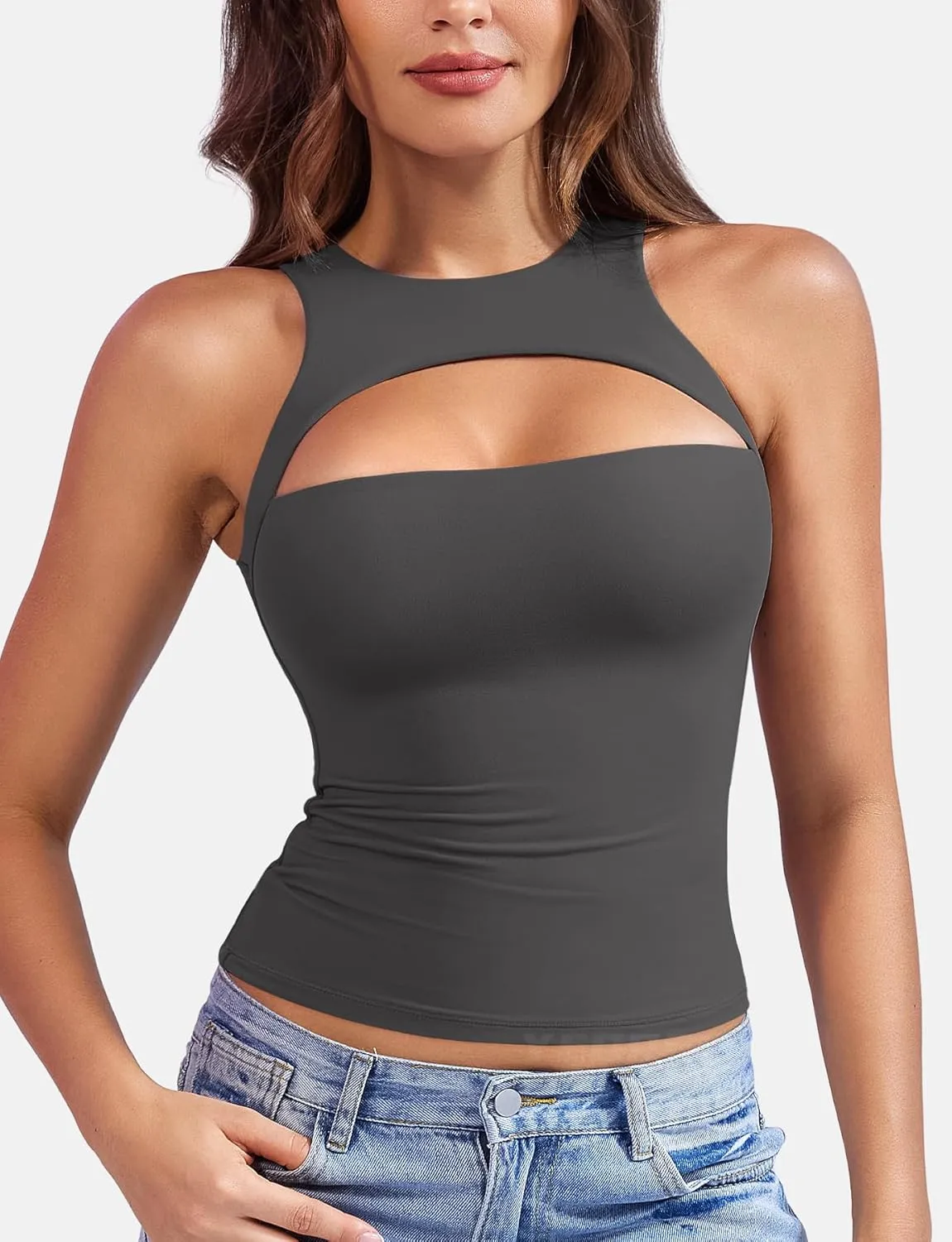 YEOREO Double Lined Tank Tops for Women High Neck Basic Y2K Going Out Tops Breynne Open Back Workout Yoga Crop Top
