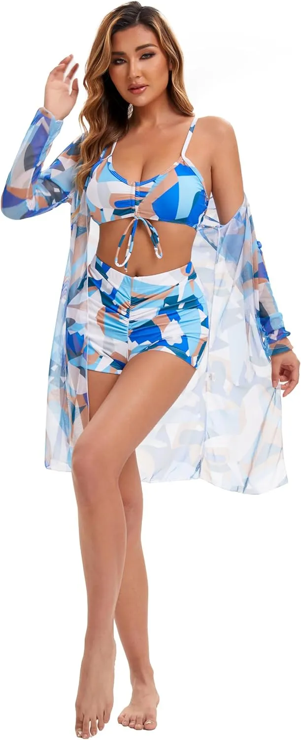Yknktstc Womens 3 Pieces Bikini Set Swimsuit Tropical Beach Cover up Kimono Swimwear Bathing Suit with Boy Shorts