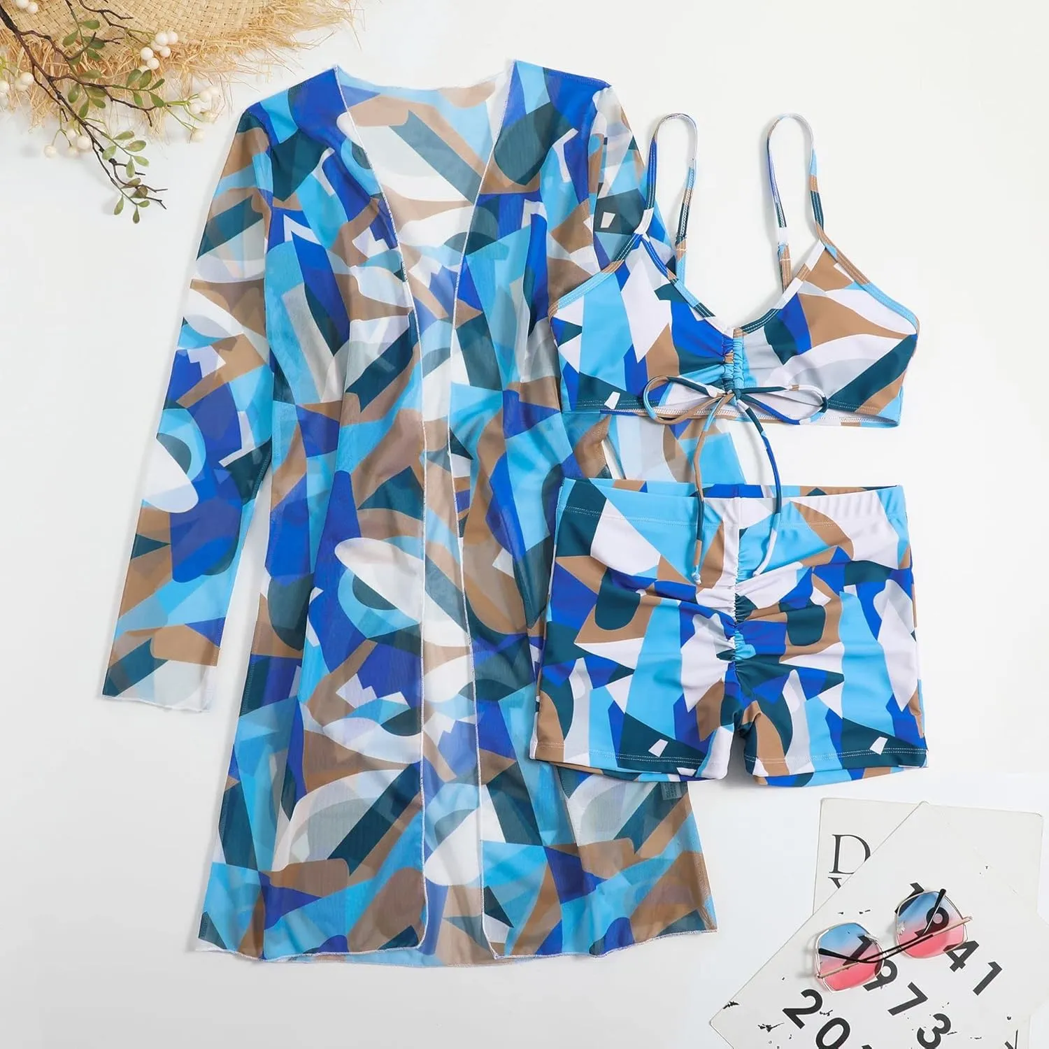 Yknktstc Womens 3 Pieces Bikini Set Swimsuit Tropical Beach Cover up Kimono Swimwear Bathing Suit with Boy Shorts