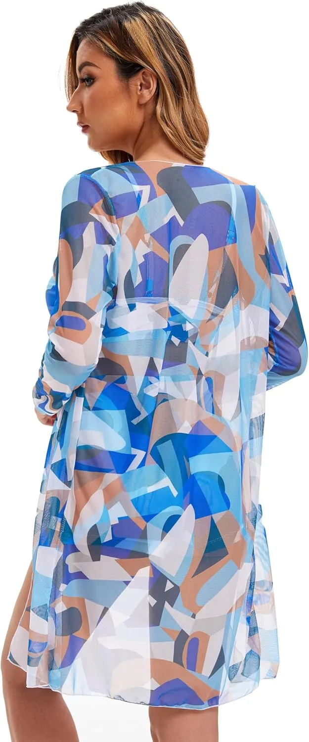 Yknktstc Womens 3 Pieces Bikini Set Swimsuit Tropical Beach Cover up Kimono Swimwear Bathing Suit with Boy Shorts